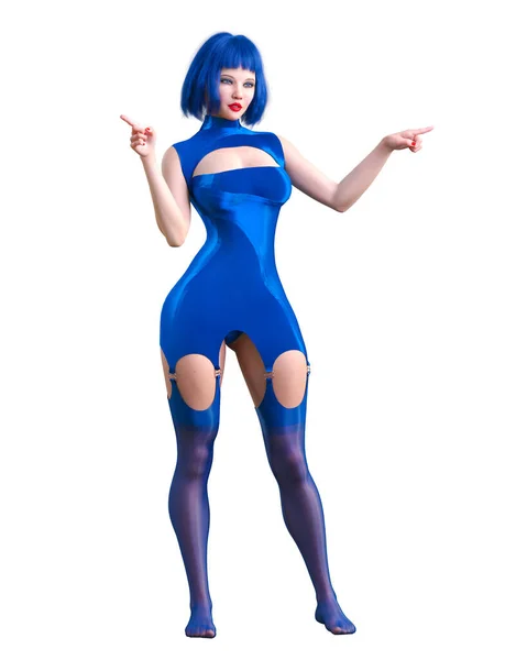 Рендеринг Красивой Сексуальной Женщины Синий Нейлон Рукавов Комбинезон Stockings Woman — стоковое фото