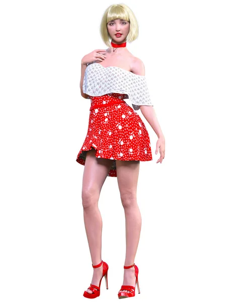 美しいブロンドアジアの日本の女性の赤い短いドレス 夏服コレクション明るい変身 女性のスタジオ写真 コンセプチュアルなファッションアート フェームファタール 3Dレンダリング — ストック写真