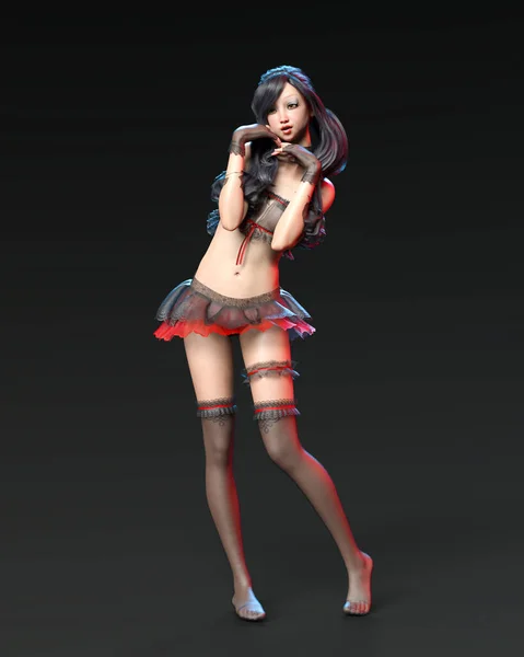 Bella Sexy Asiatica Giapponese Donna Pizzo Nero Biancheria Intima Stockings — Foto Stock