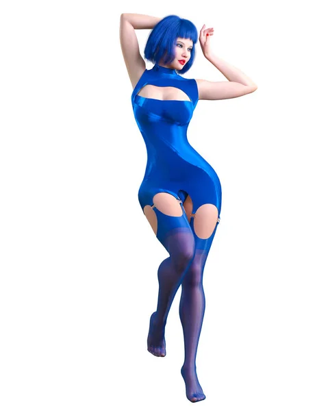 Rendern Schöne Sexy Frau Blau Nylon Ärmellose Jumpsuit Und Strümpfe Stockbild