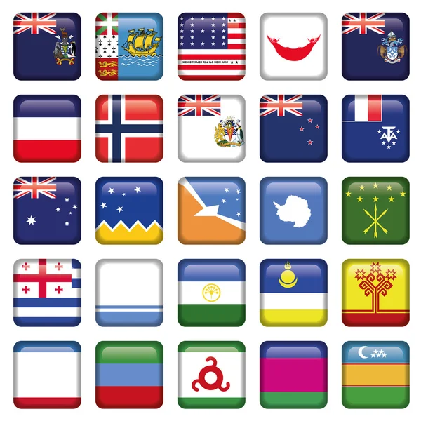 Antarktische und russische Flaggen quadratische Knöpfe — Stockvektor