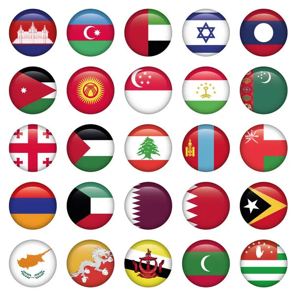 Asya bayrakları düğmelerini yuvarlak — Stok Vektör