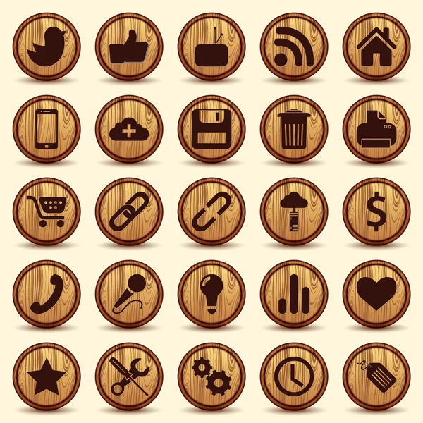 Iconos sociales, textura de madera Botones Set — Vector de stock