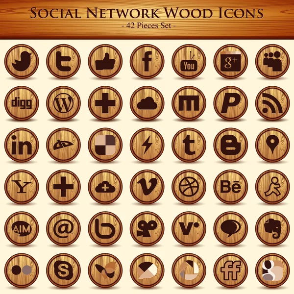 Соціальні мережі іконки. Дерево текстури кнопки — стоковий вектор