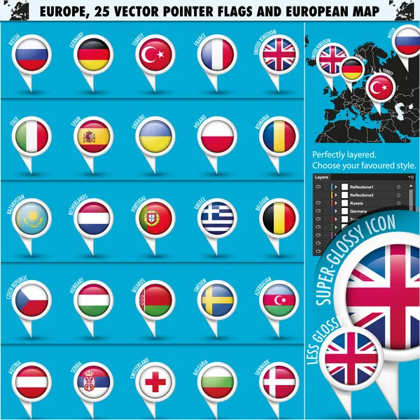Εικονίδια Ευρωπαϊκό γύρο Δείκτης σημαίες και χάρτη set1 — Διανυσματικό Αρχείο