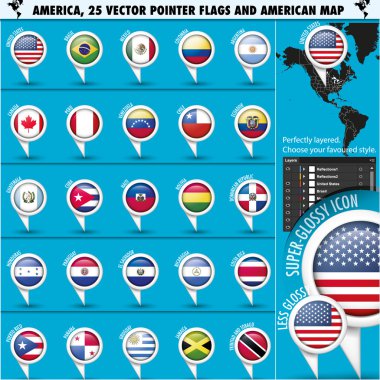 Amerikan harita set1 ile Amerika işaretçi bayrağı simgeleri