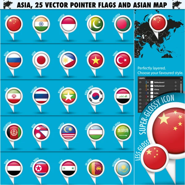 Ásia Mapa e bandeiras ponteiro ícones set1 — Vetor de Stock