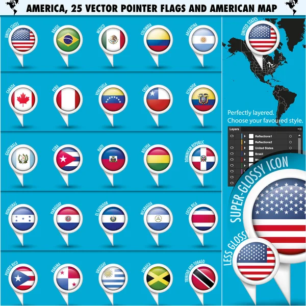 Ícones de bandeira de ponteiro América com mapa americano set1 —  Vetores de Stock