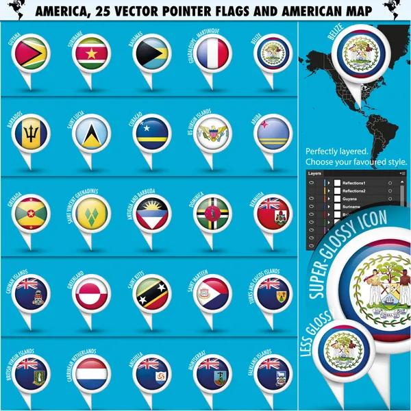 America Pointer Flag Icons with american Map set2 — Stock Vector