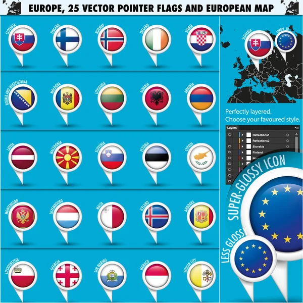 European Icons Round Indicator Flags and Map Set2 — Stock Vector