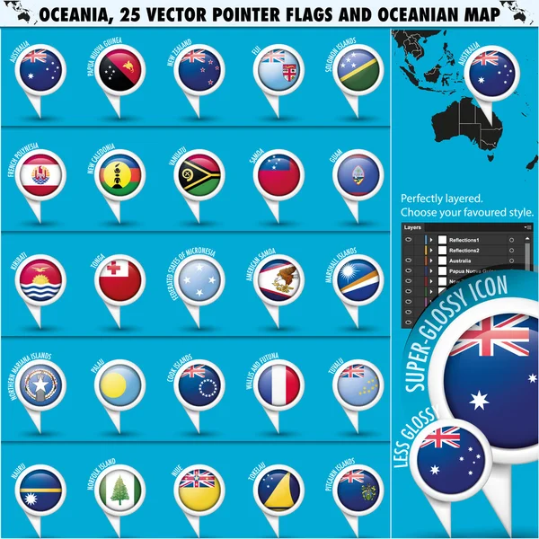 Austrálie, Oceánie, kulaté pointer vlajky a mapa — Stockový vektor