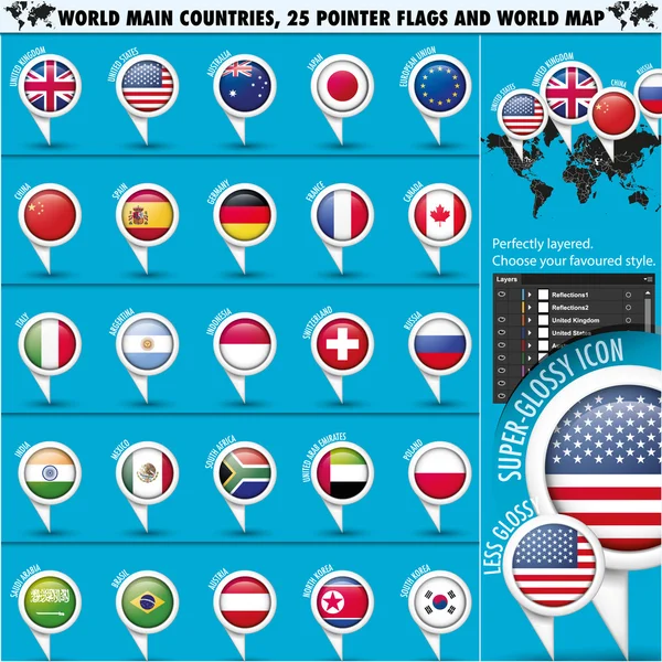 Round Pointer Flags top 25 mondial états set1 — Image vectorielle