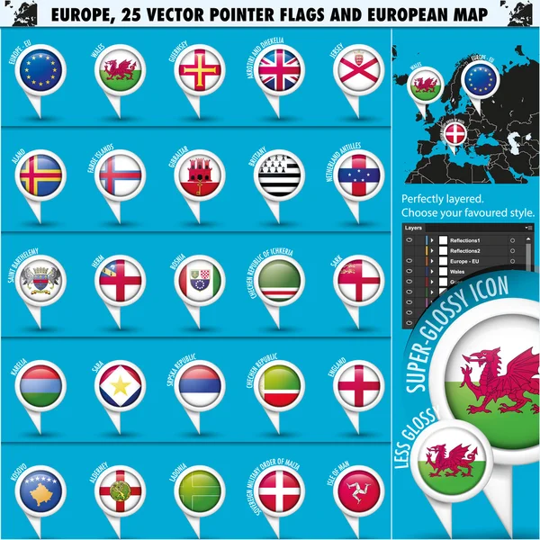 Europese pictogrammen ronde indicator vlaggen en set3 kaart. — Stockvector