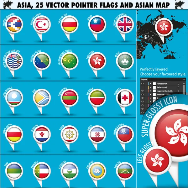 Azië-kaart en vlaggen aanwijzer pictogrammen set3 Stockillustratie