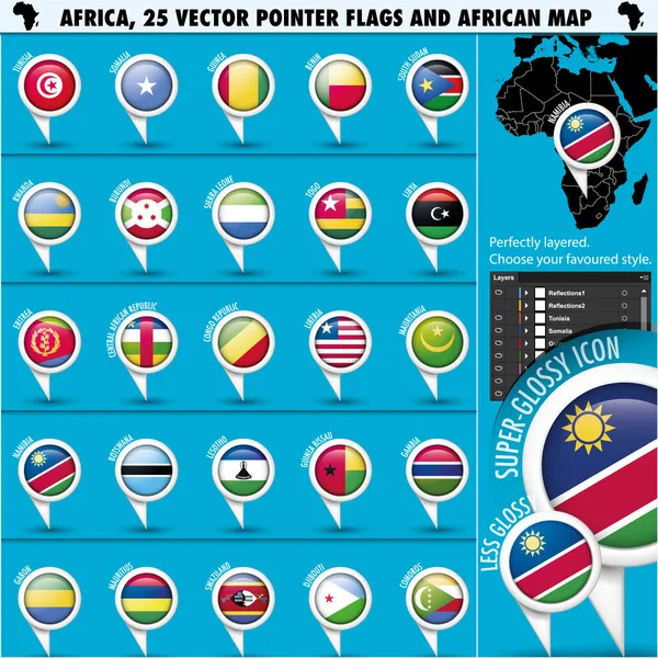 Afrika işaretçi bayrağı simgeleri ile Afrika harita set2 — Stok Vektör