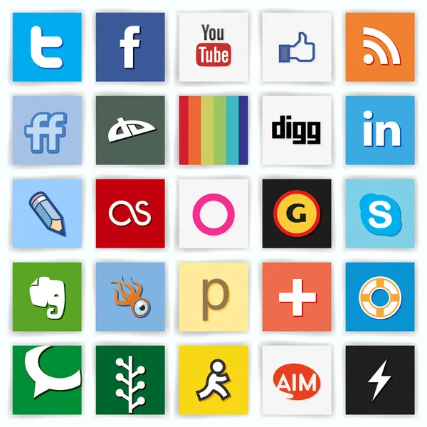 Social network piatto multi icone colorate — Vettoriale Stock