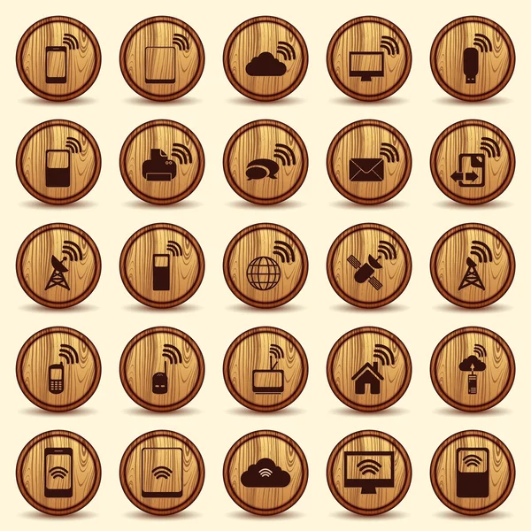 Wood WiFi icons. Mobile and wireless Buttons. Stock Illustration