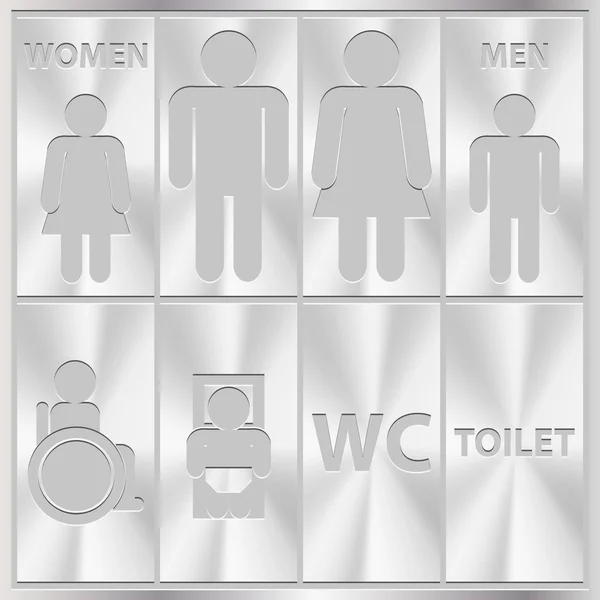 Signo de inodoro de aluminio. Placa de WC para hombres y mujeres — Vector de stock