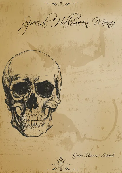 Skull Ink Drawing Over Old And Stained Craft Paper - Halloween Menu - Stok Vektor