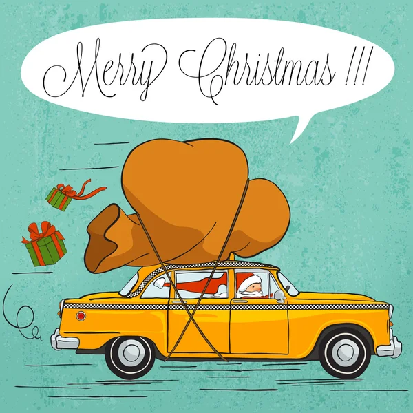 Santa claus taxikáře s taškou plnou vánočních dárků - vektorové ilustrace karet pro design - ručně kreslenou komiks styl — Stockový vektor