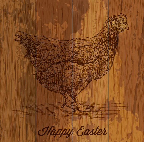 Χέρι συντάσσονται κοτόπουλο πέρα από το ξύλινο υπόβαθρο - σχεδιασμού κάρτα Πάσχα — Διανυσματικό Αρχείο