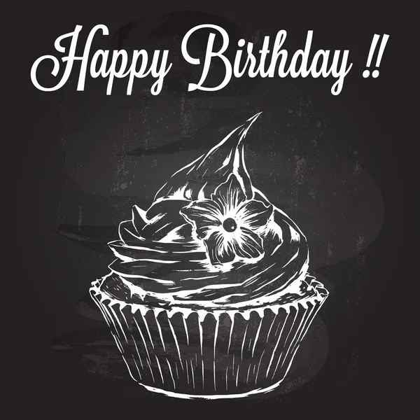 Hand dras cupcake över svarta tavlan textur bakgrund - vektor illustration för födelsedag kortdesign — Stock vektor
