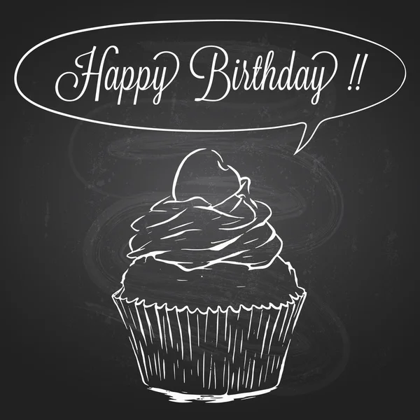 Cupcake sobre pizarra de tiza - Ilustración de estilo dibujado a mano para el diseño de tarjetas de cumpleaños — Vector de stock