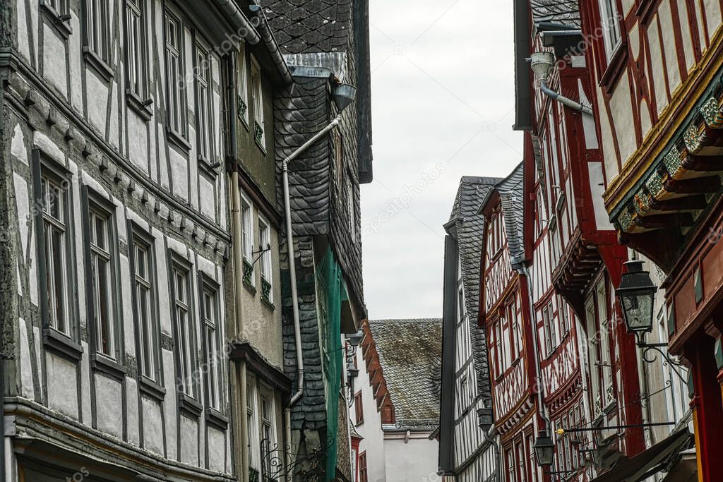 Historical street with half-timbered facades in Limburg an der Lahn