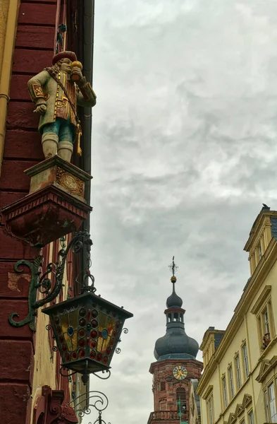 Történelmi Templom Torony Lámpás Régi Központjában Heidelberg — Stock Fotó