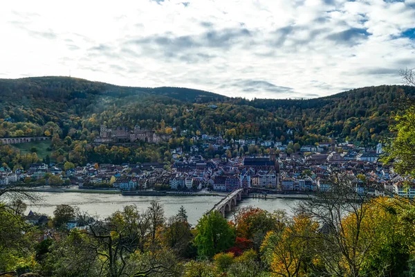 Panorama Utsikt Över Heidelbergs Historiska Centrum Och Floden Neckar — Stockfoto