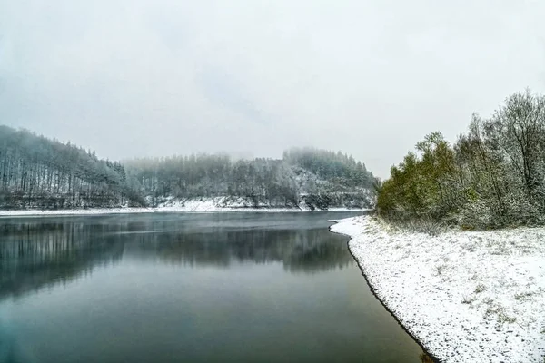 Snowy Mountains Forests Water Reservoir Hagen Haspe Winter — Stock Photo, Image
