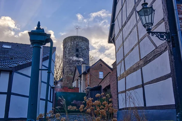 Beautiful Historical Half Timbered Houses Tower Liedberg Korschenbroich — Zdjęcie stockowe