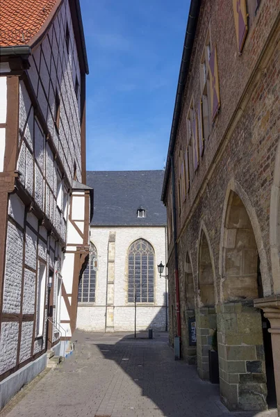 Rue Historique Étroite Avec Une Église Dans Vieux Centre Werne — Photo