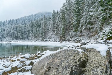 Kışın Grainau yakınlarında Frillensee Gölü karlı.
