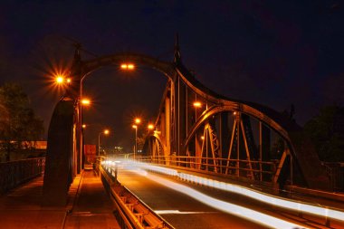 Historical swing bridge and light trails in Krefeld Uerdingen