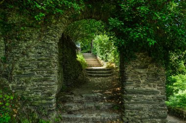 Bacharach 'ta bir şatoya giden ortaçağ kapısı ve merdivenleri.