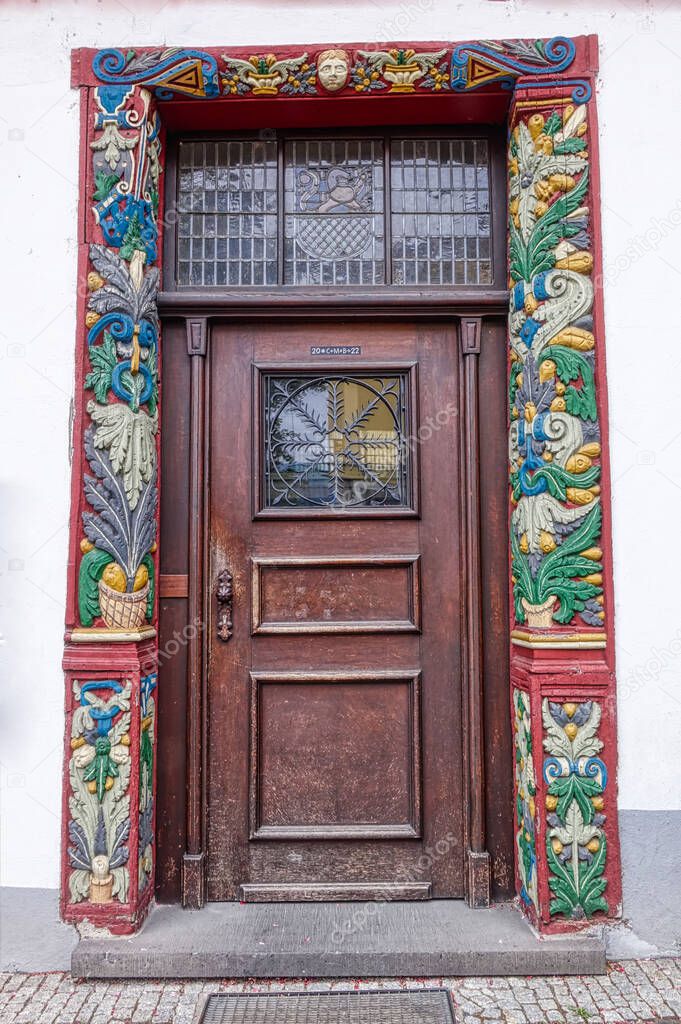 Historical colourful door of the city hall in Nassau by the river Lahn