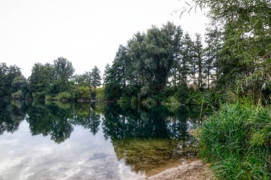 Kaarster kıyısında bir sonbahar sabahı göle bakın.