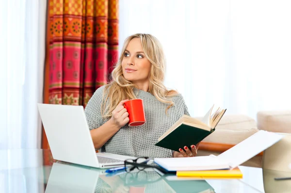 Woman working on laptop at home Stock Image