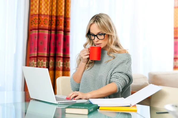 Mulher trabalhando no laptop em casa — Fotografia de Stock