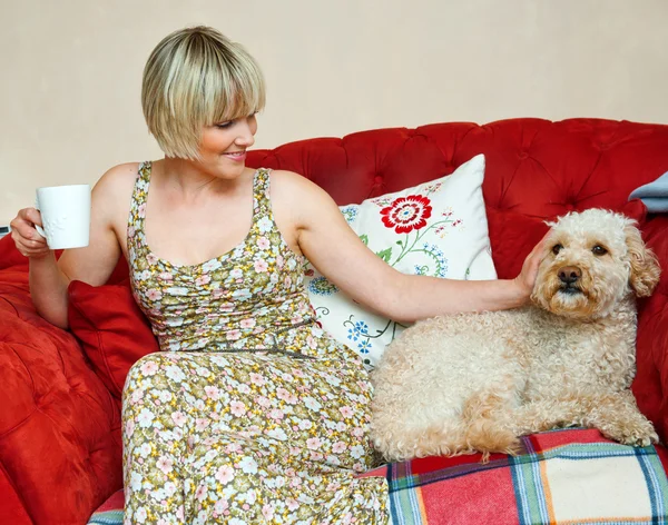 Mujer y perro en el sofá — Foto de Stock
