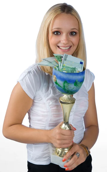 Genç kadın spor kupa ile — Stok fotoğraf
