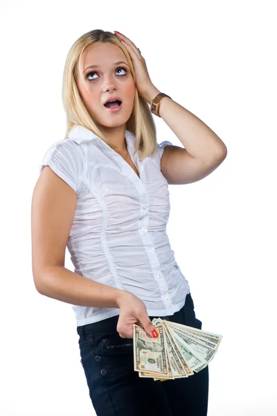 Femme tenant des billets de dollar dans sa main Images De Stock Libres De Droits