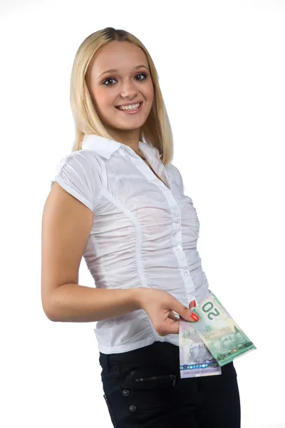 Vrouw met Canadese dollarbiljetten Rechtenvrije Stockfoto's