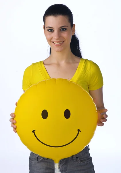 Smiley balon kadınla — Stok fotoğraf