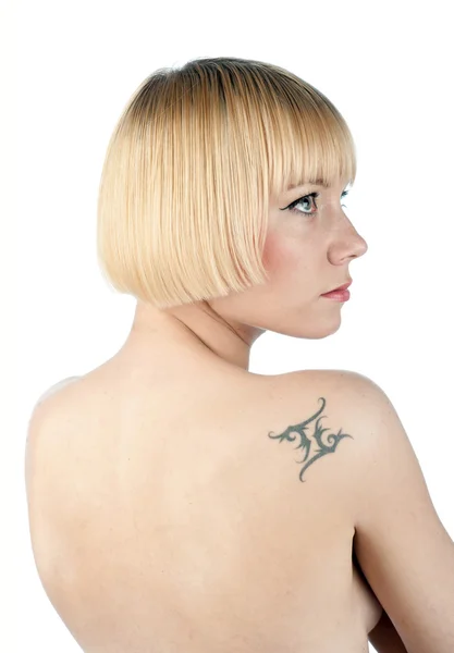 Beauty portrait with gemini tattoo — Stock Photo, Image