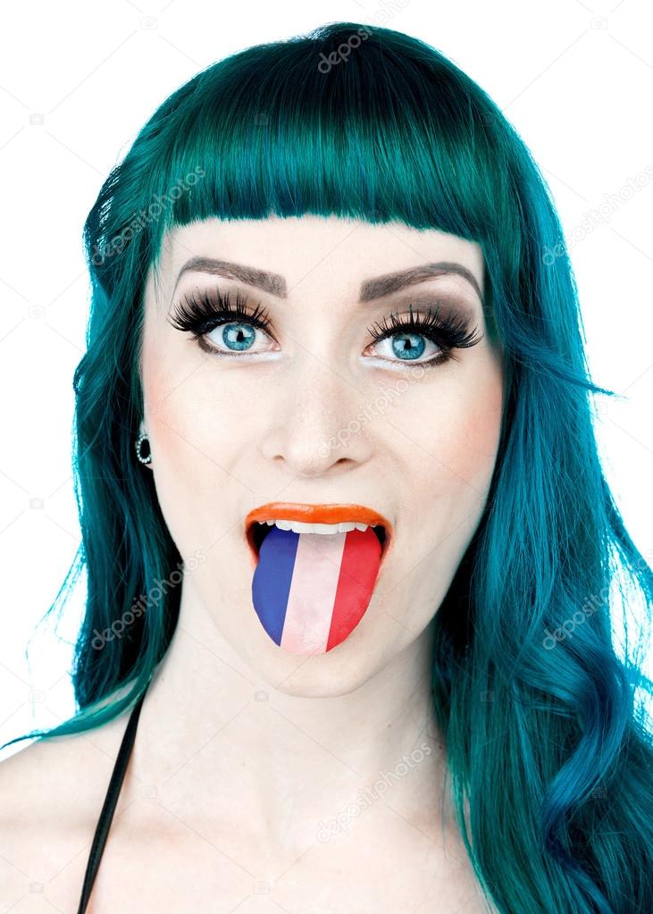 woman with tongue in colors of france flag