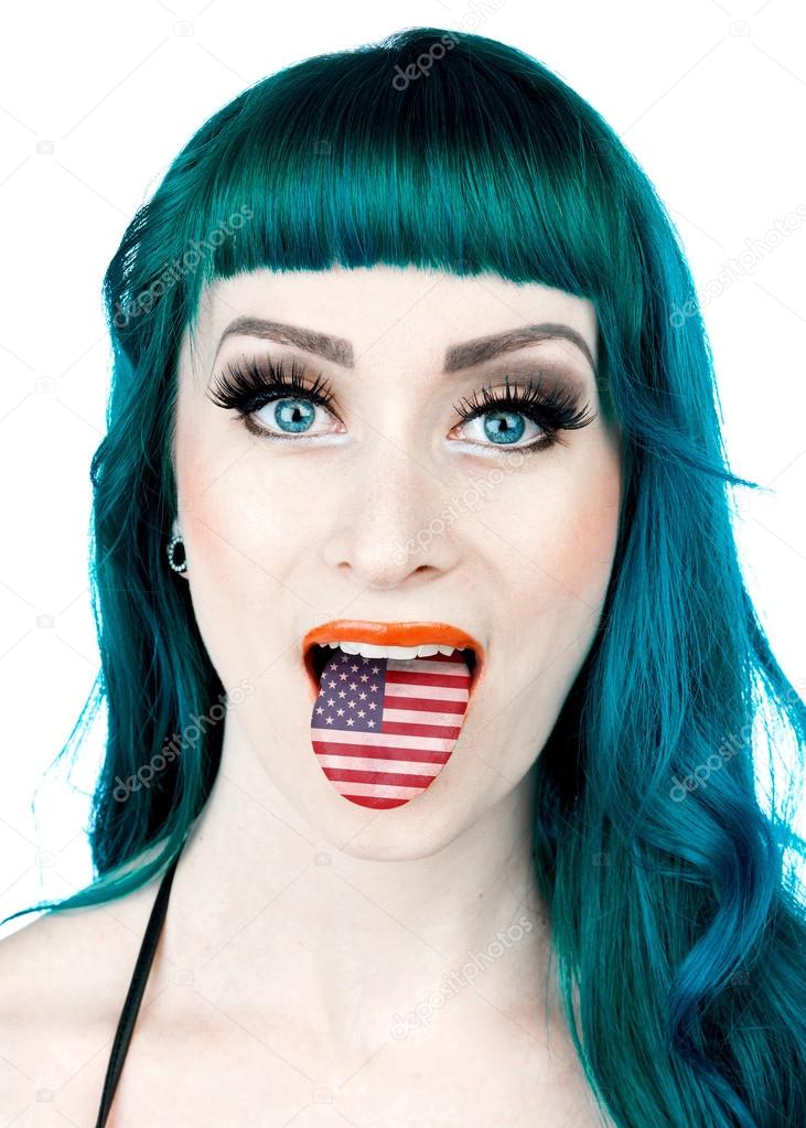 Woman with tongue in usa flag colors