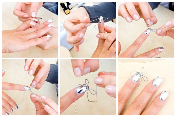 Estetista fa arco decorazione sulla donna manicure unghie — Foto Stock