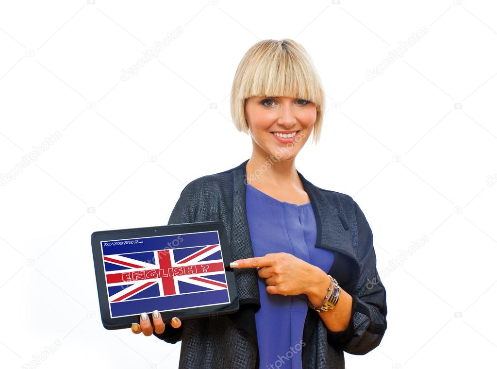 attractive blond woman holding tablet with english language sign